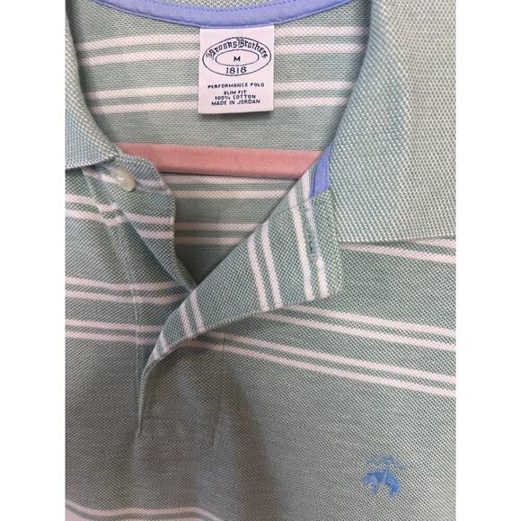 Brooks Brothers Mens Performance Polo Slimfit Size MED Green White Blue - Picture 4 of 5